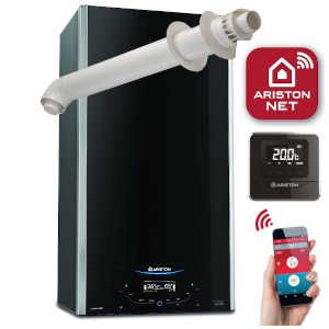 Ariston Alteus ONE+ NET 35 Combi Boiler 3302395 (12 Year Warranty) with Silver Horizontal Flue Kit 3319163 , Built in Wi-Fi and Cube RF Wireless Thermostat